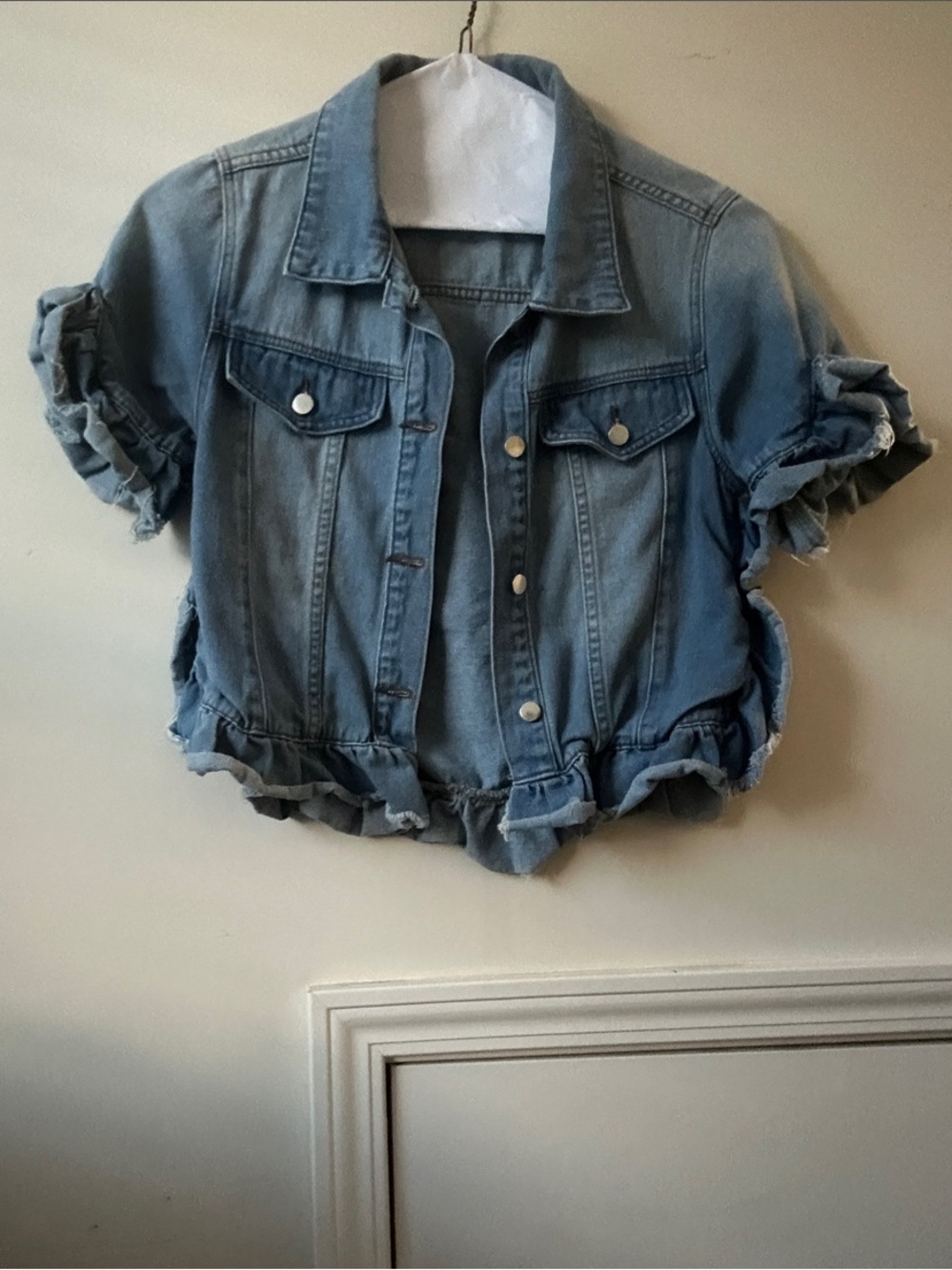 Chelsea & Violet Light Wash Ruffle Hem Denim Jacket
